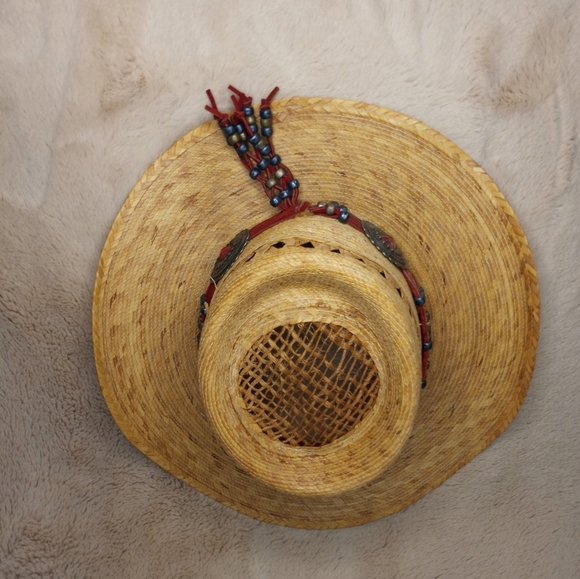 Vintage Legitimo Sahuayo Hand Woven Straw Mexican Cowboy Hat W Leather Beads - Picture 3 of 5